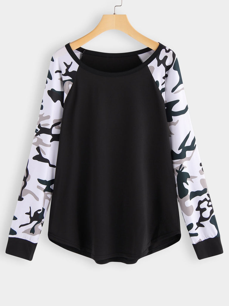 Round Neck Camouflage Long Sleeve Plus Size Tops