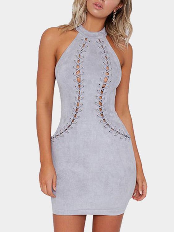 Grey Halter Sleeveless Zip Back Lace-Up Bodycon Sexy Dress