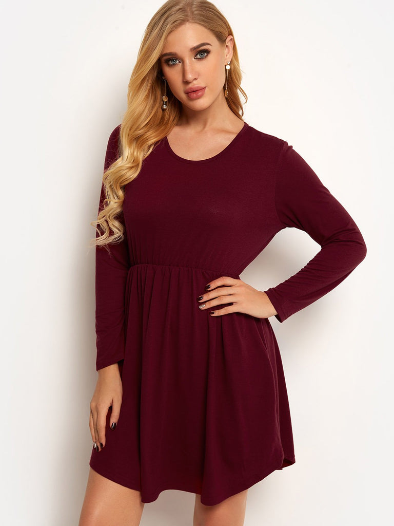 Crew Neck Long Sleeve Plain Side Pockets Pleated Curved Hem High-Waisted Casual Dress