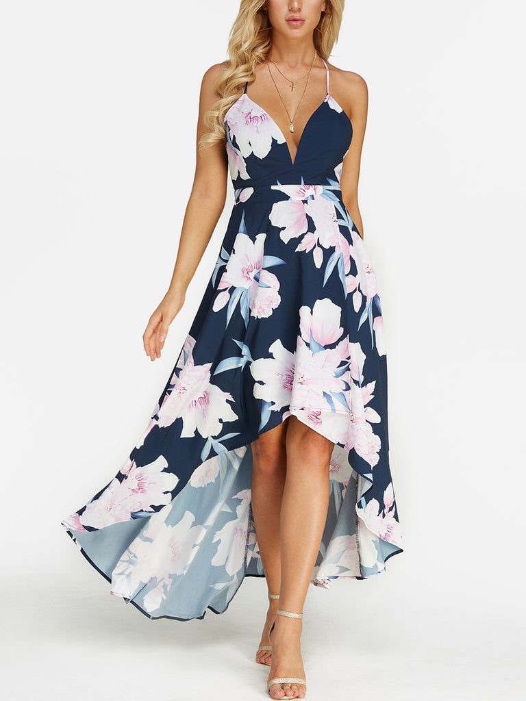 Deep V Neck Sleeveless Floral Print Backless Spaghetti Strap High-Low Hem Maxi Dresses