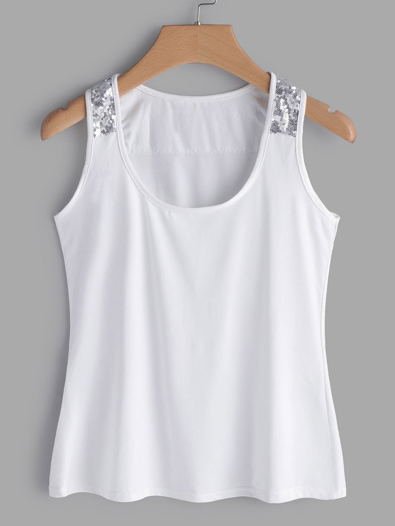 V-Neck Plain Sequins Embellished Sleeveless White Tank Top