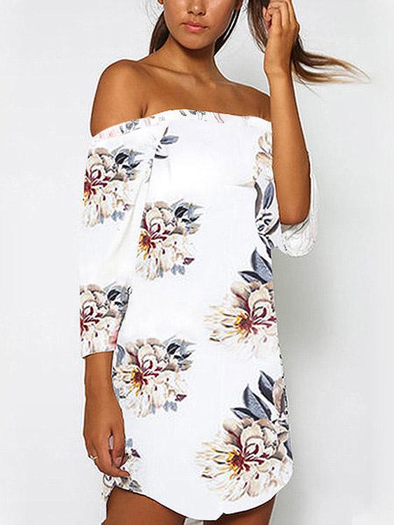 White Off The Shoulder Floral Print Curved Hem Dresses