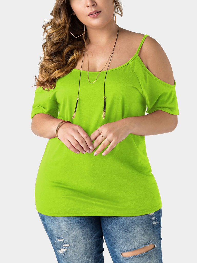 Cold Shoulder Plain Cut Out Half Sleeve Plus Size Tops