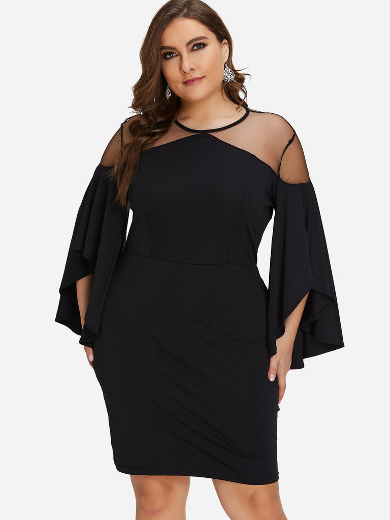 Round Neck Plain Cut Out See Through Long Sleeve Black Plus Size Dress