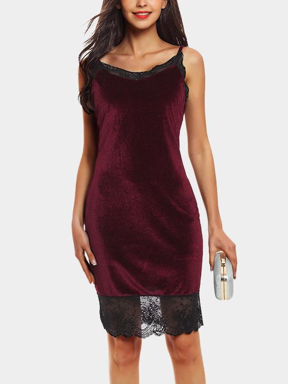 Burgundy V-Neck Sleeveless Lace Mini Dress