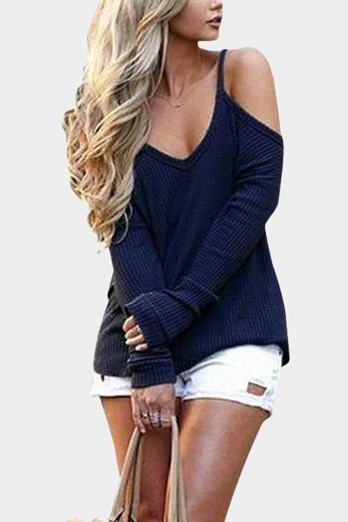 V-Neck Cold Shoulder Long Sleeve Blue T-Shirts