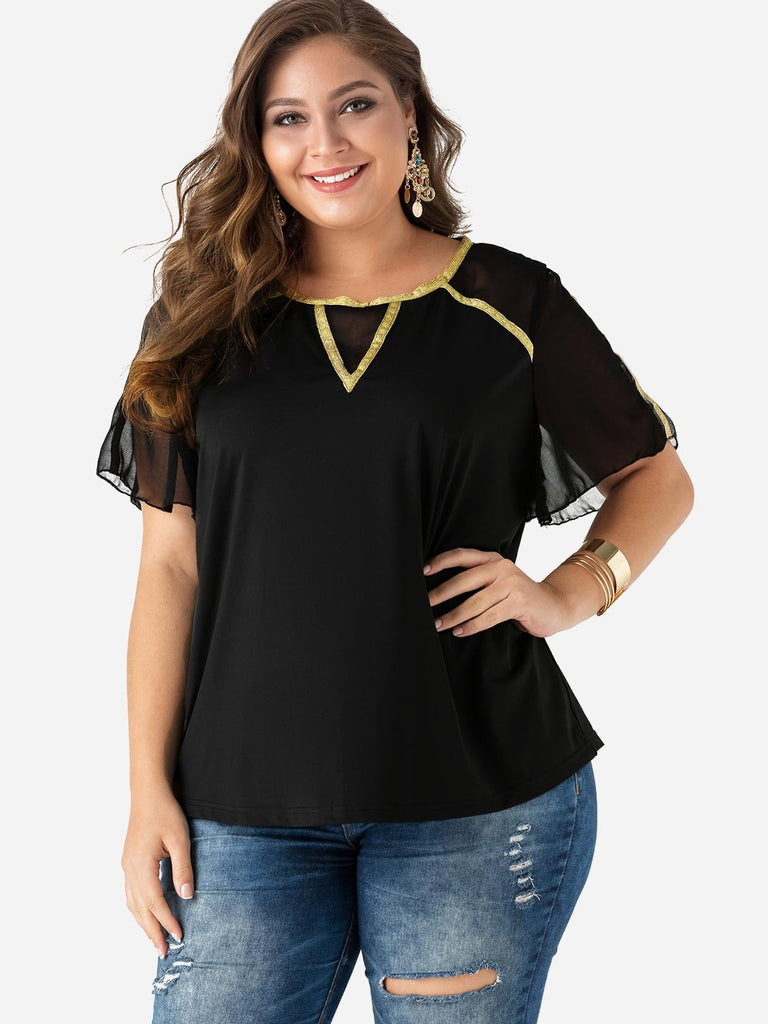 Round Neck Short Sleeve Black Plus Size Tops