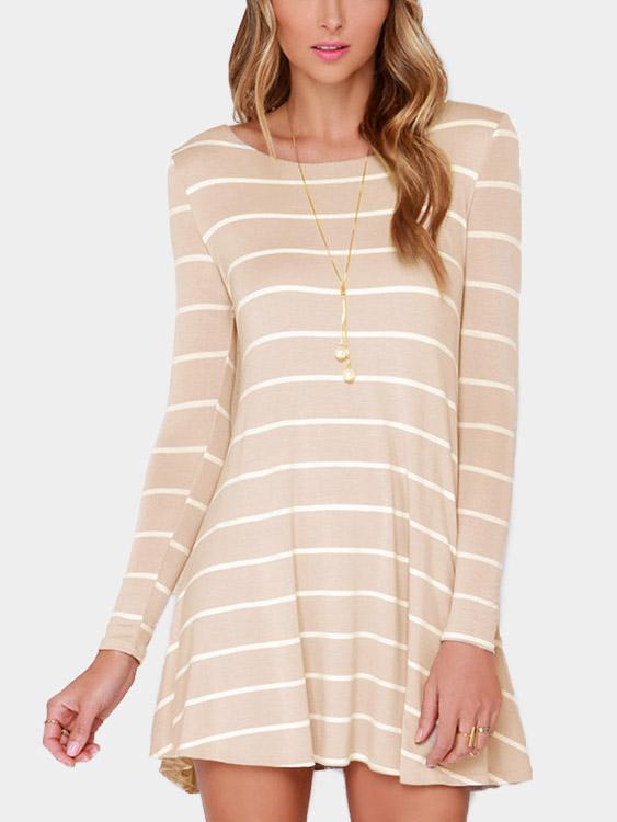 Pink Round Neck Long Sleeve Stripe Backless Casual Dress