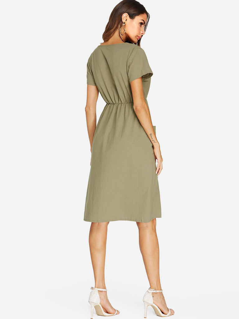 Womens Army Green V-Neck Dresses