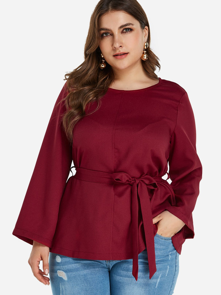 Round Neck Plain Self-Tie Long Sleeve Oversized Tops