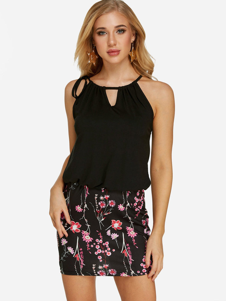 Black Sleeveless Floral Print Calico Self-Tie Mini Dress