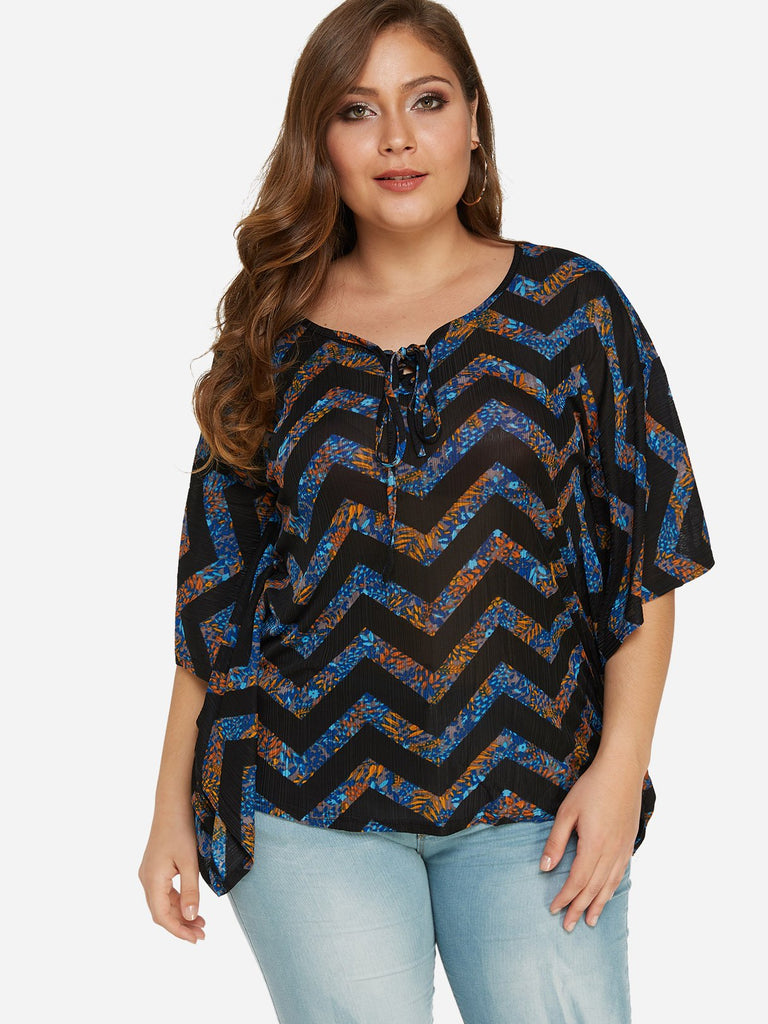 Round Neck Wave Self-Tie Half Sleeve Plus Size Tops