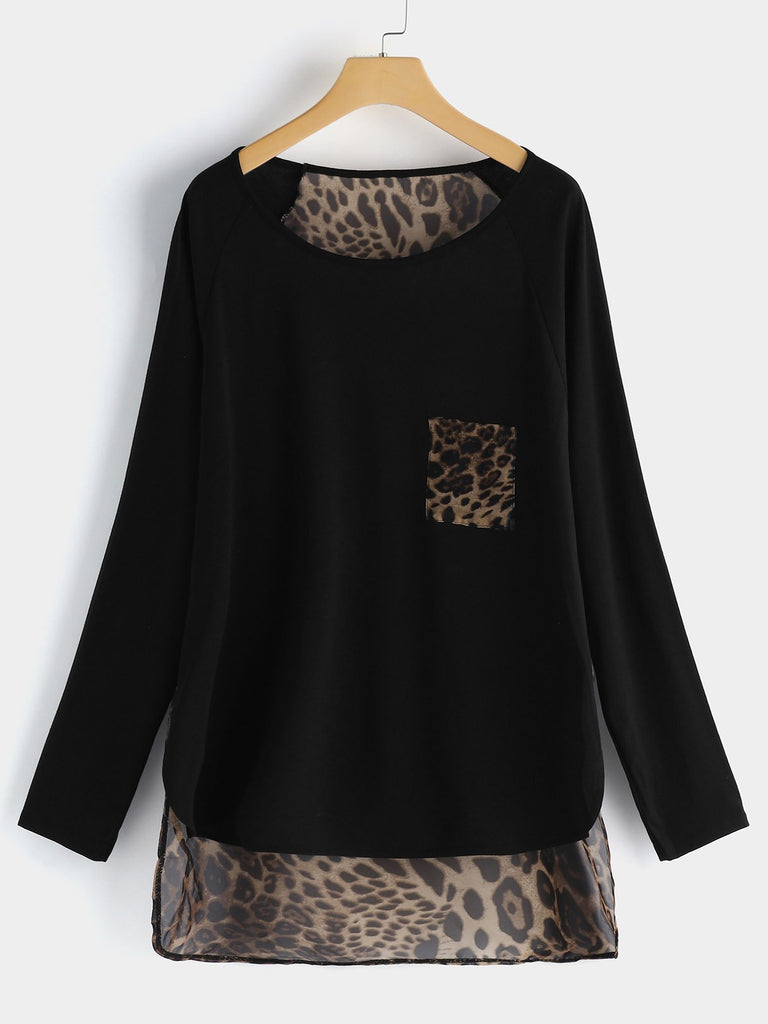 Round Neck Leopard Long Sleeve High-Low Hem Plus Size Tops