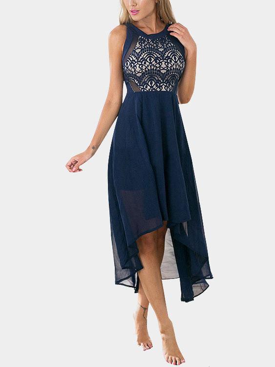 Navy Round Neck Sleeveless Lace Irregular Hem Sexy Dresses