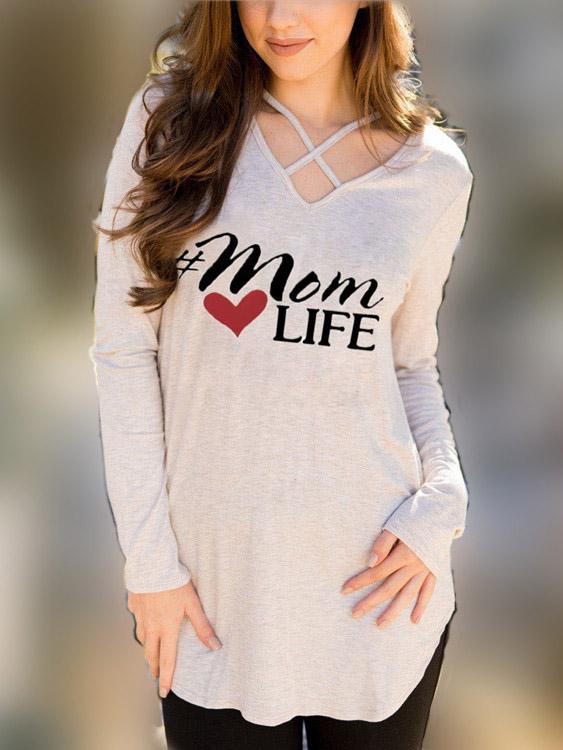 V-Neck Letter Crossed Front Long Sleeve Curved Hem Apricot T-Shirts