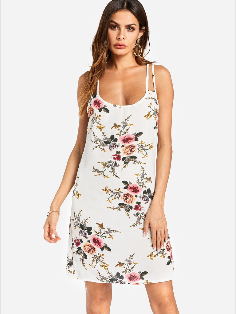 White Crew Neck Sleeveless Floral Print Dresses