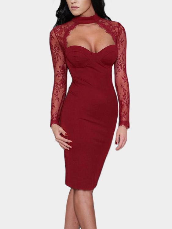 Halter Lace Long Sleeve Burgundy Casual Dresses