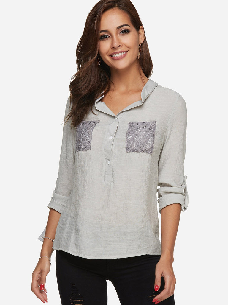 V-Neck Lace Long Sleeve Grey T-Shirts