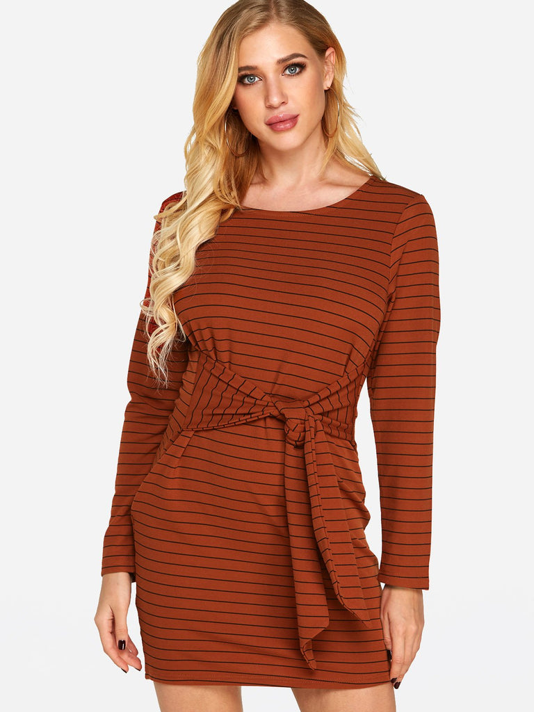 Red Round Neck Long Sleeve Stripe Self-Tie Casual Dress