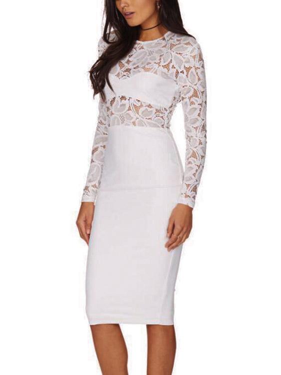 White Round Neck Long Sleeve Lace Zip Back Hollow Midi Dress