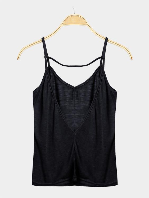 V-Neck Backless Sleeveless Black Camis