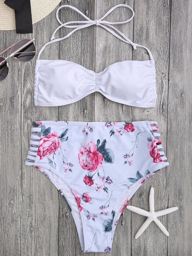 White Halter Sleeveless Floral Print Cut Out Self-Tie High Waist 2 Piece Bikinis