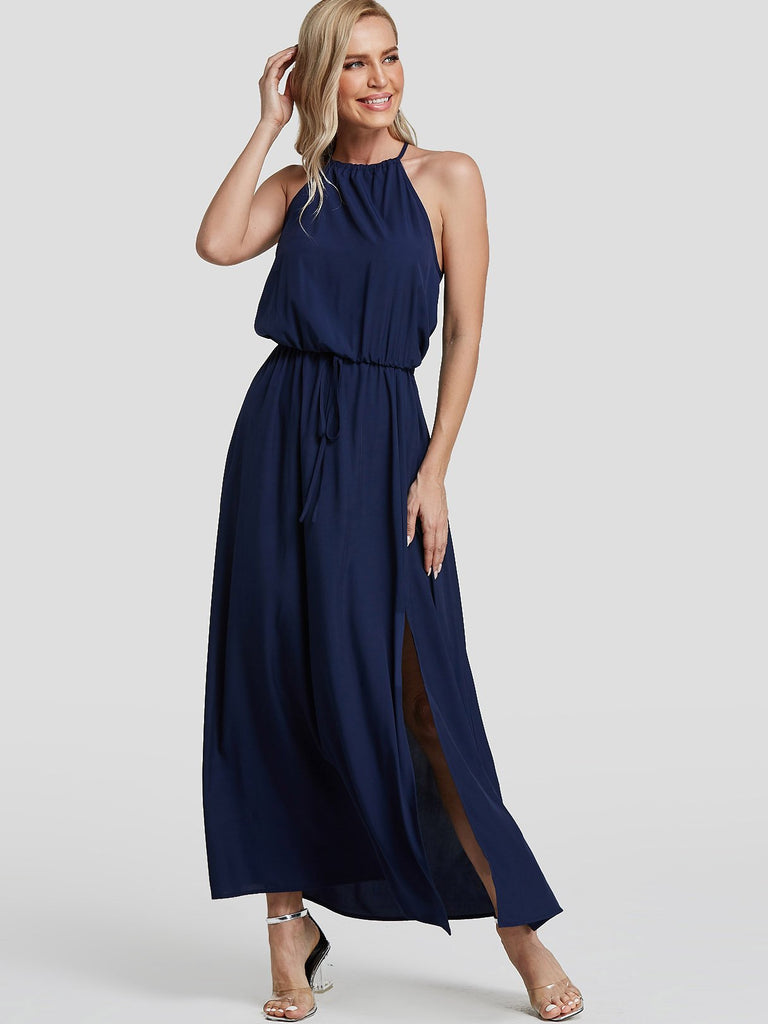 Halter Sleeveless Plain Slit Hem Sexy Dress