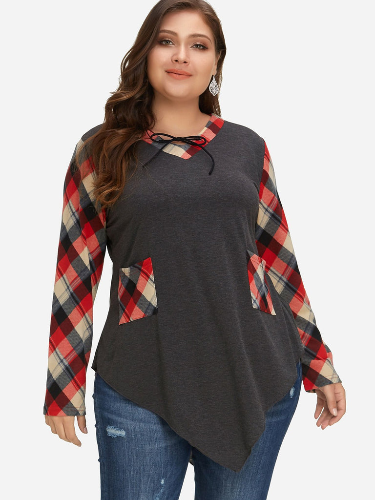 V-Neck Grid Side Pockets Long Sleeve Asymmetrical Hem Grey Plus Size Tops