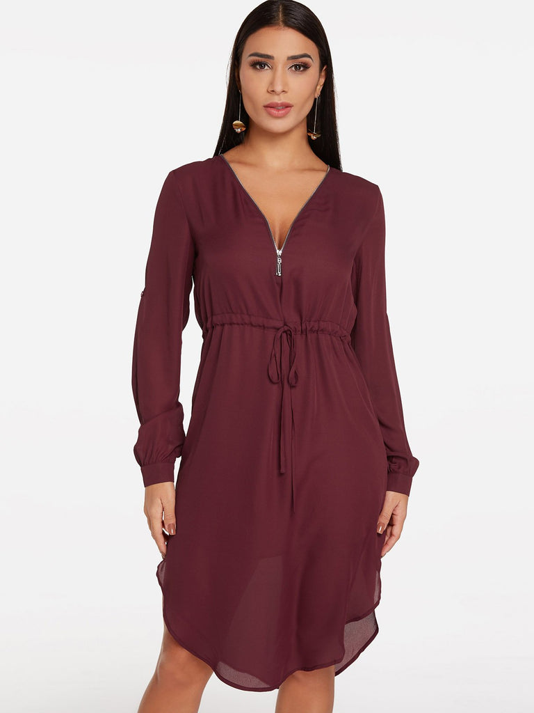 Burgundy V-Neck Long Sleeve Plain Zip Back Curved Hem Dresses