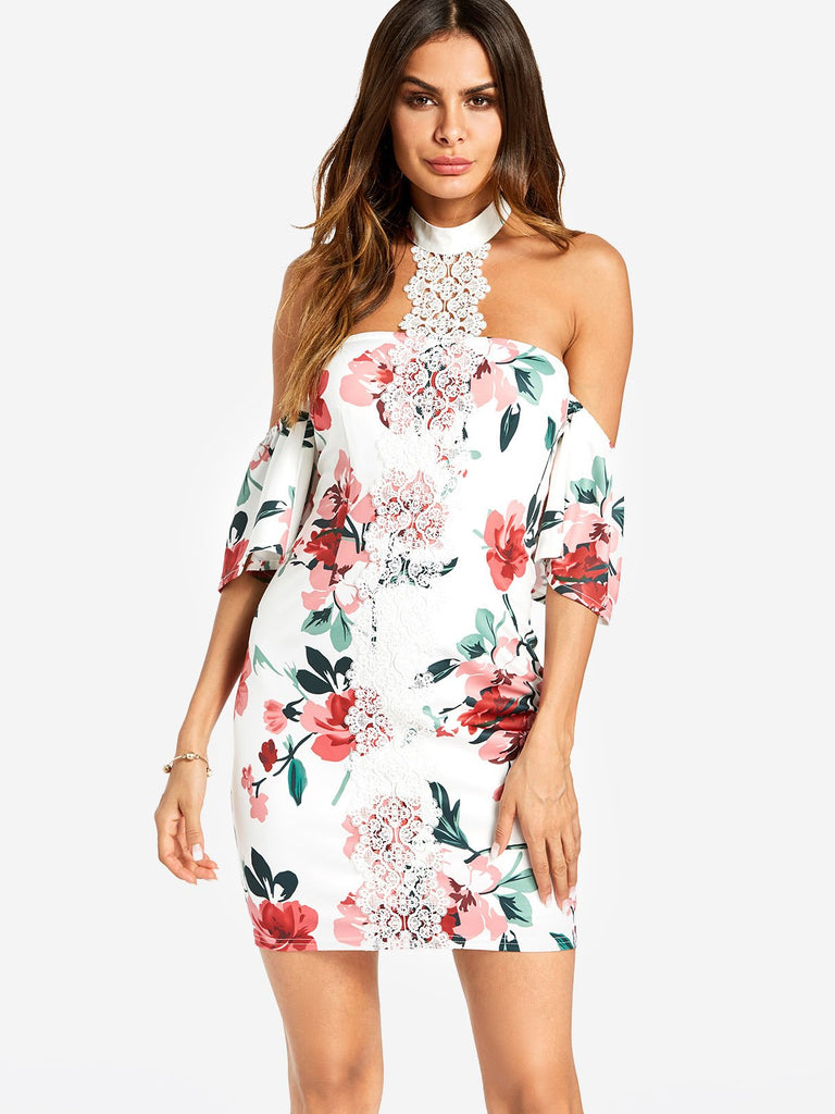 White Halter Cold Shoulder Short Sleeve Floral Print Zip Back Backless Lace Insert Dresses