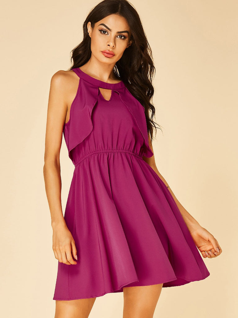 Purple Halter Sleeveless Plain Cut Out Sexy Dresses