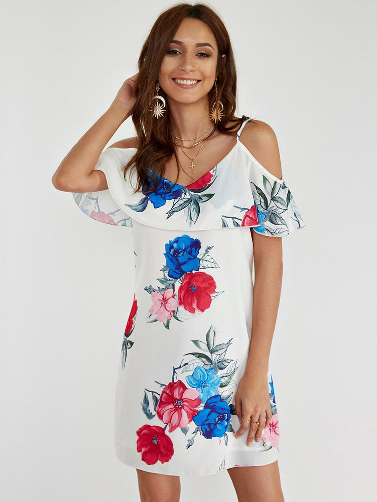 White Cold Shoulder Sleeveless Floral Print Spaghetti Strap Dresses