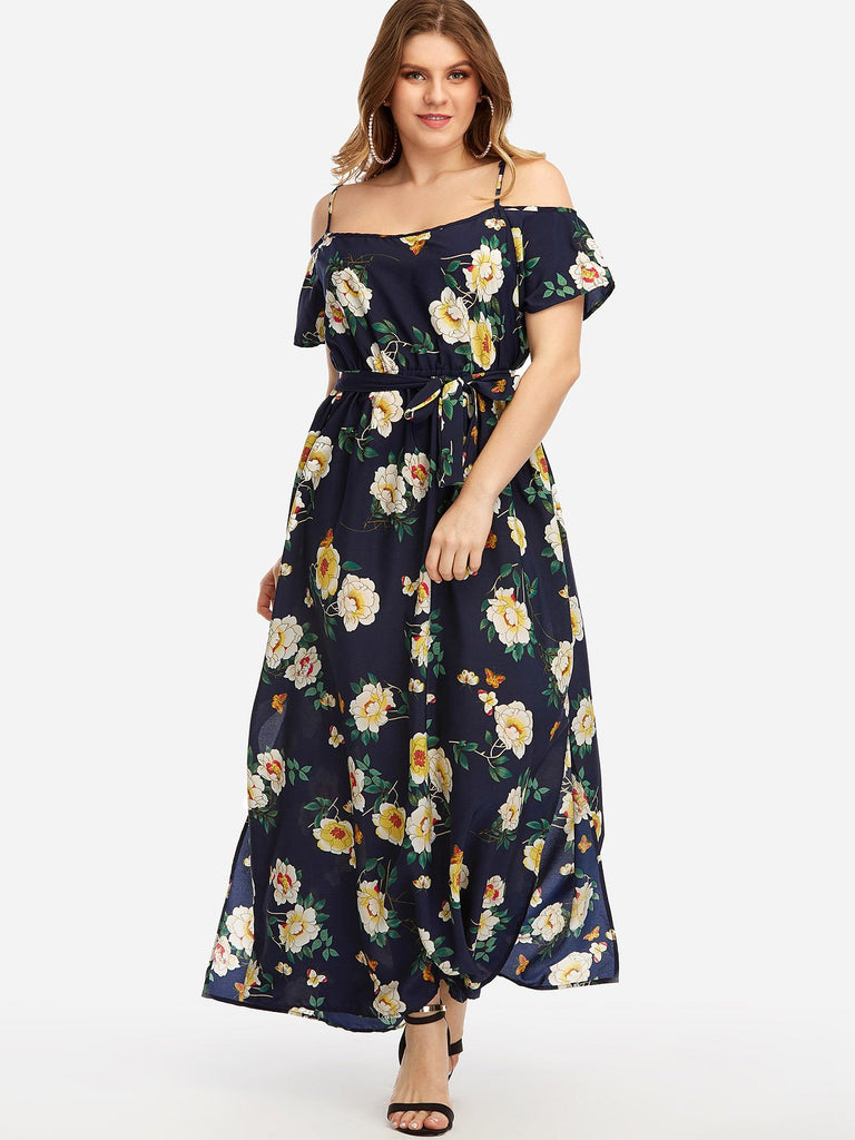 V-Neck Cold Shoulder Floral Print Self-Tie Short Sleeve Slit Hem Navy Plus Size Maxi Dresses