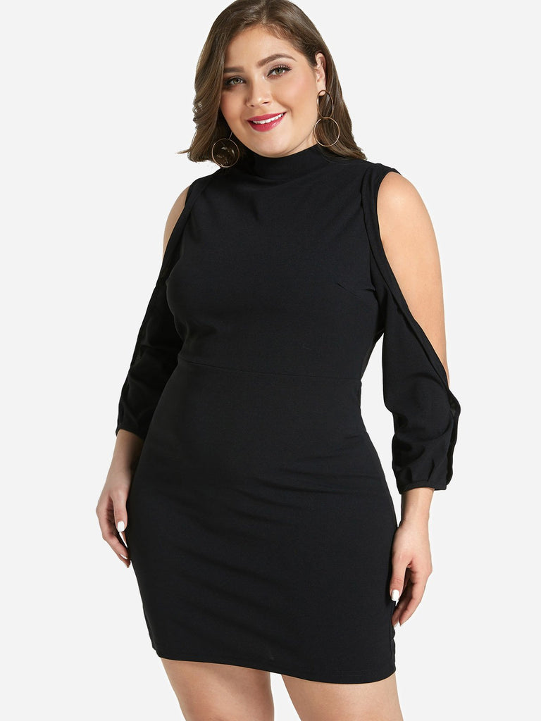 Plain Cut Out Long Sleeve Bodycon Hem Plus Size Dress