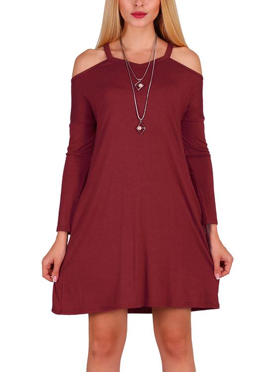 Cold Shoulder Long Sleeve Pleated Casual Dress