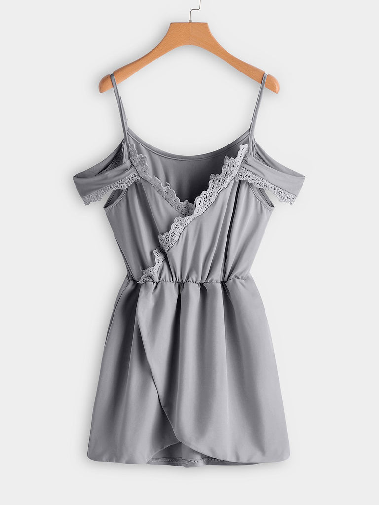 V-Neck Plain Lace Crossed Front Wrap Short Sleeve Grey Dresses