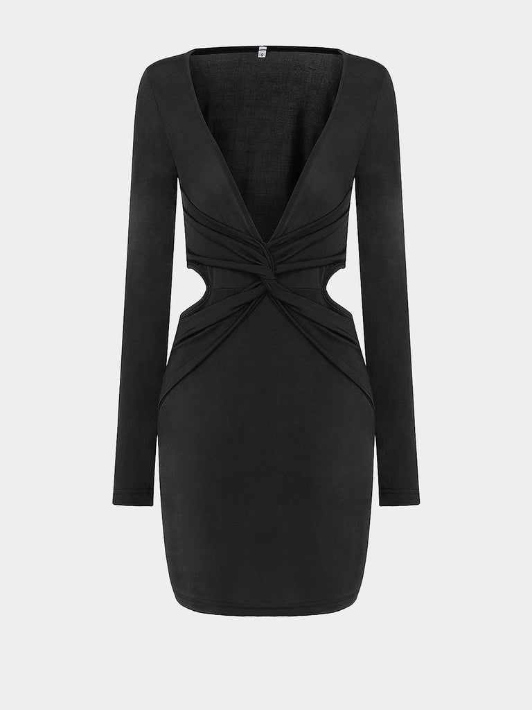 Black V-Neck Long Sleeve Cut Out Bodycon Hem Mini Dress