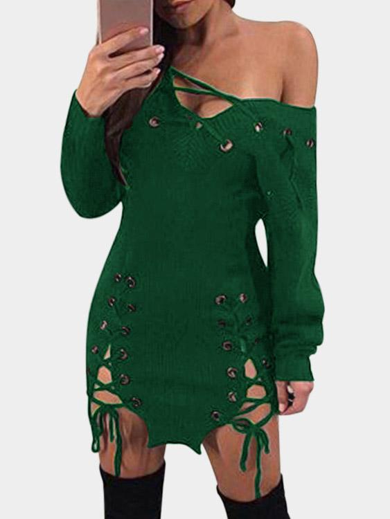 Green V-Neck Long Sleeve Backless Lace-Up Cable Knit Slit Hem Dress