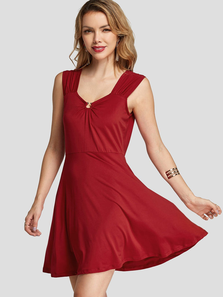 Red Bateau Sleeveless Plain Wrap Ruffle Hem Casual Dress