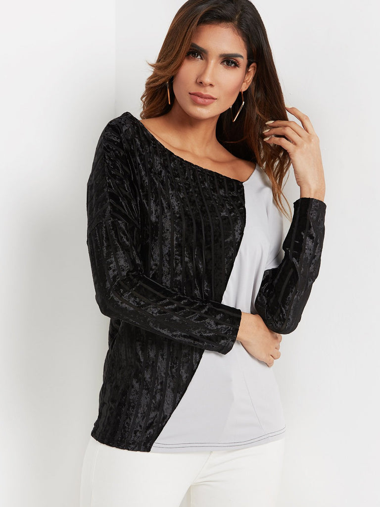 V-Neck Velvet And Asymmetrical Long Sleeve Top