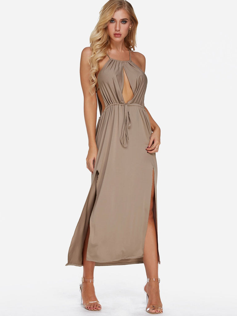 Khaki Halter Sleeveless Lace-Up Cut Out Slit Hem Sexy Dresses