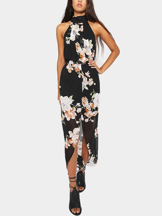 Halter Sleeveless Floral Print Slit Hem Maxi Dress
