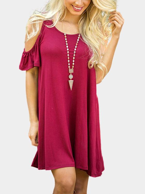 Burgundy Cold Shoulder Short Sleeve Mini Dresses