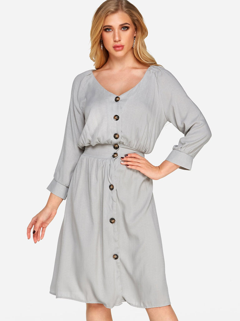 Grey V-Neck 3/4 Sleeve Length Lace-Up Dresses