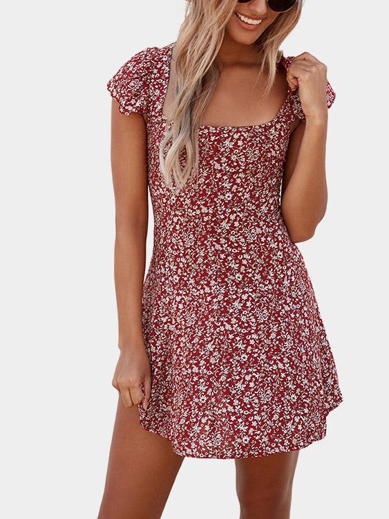 Burgundy Sleeveless Floral Print Lace-Up Mini Dresses