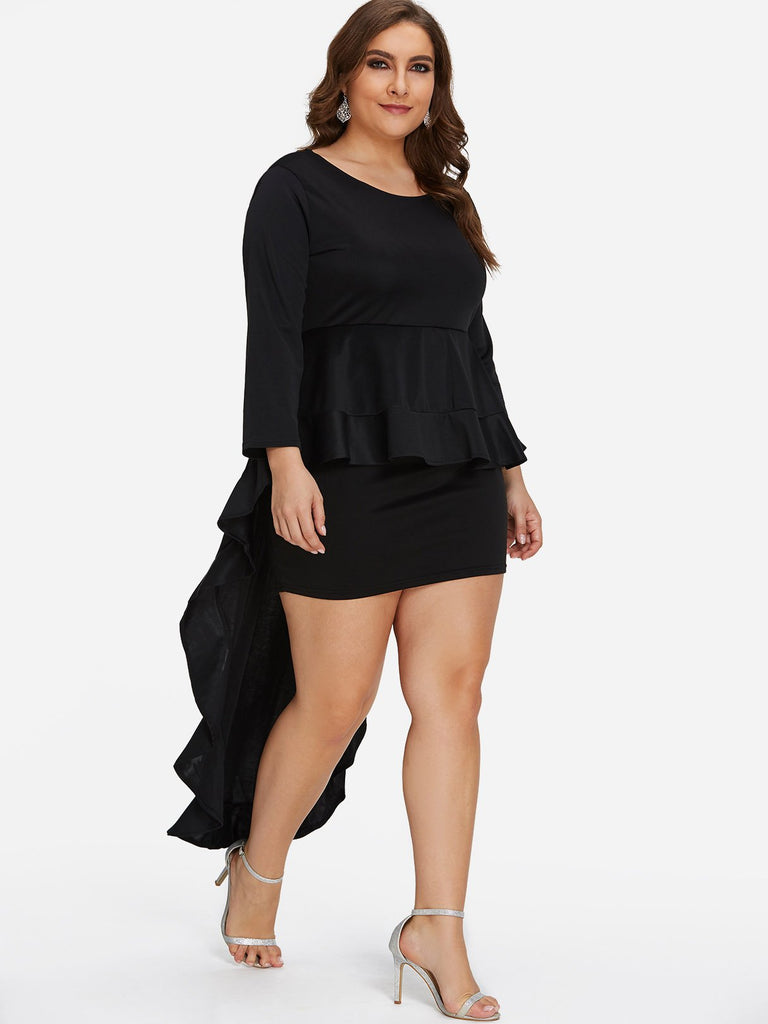 Round Neck Plain Tiered Ruffle Trim Long Sleeve Black Plus Size Dress