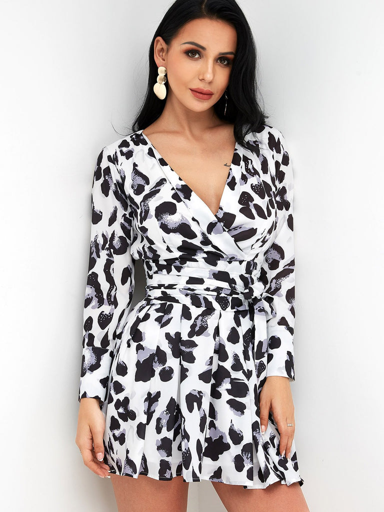 V-Neck Long Sleeve Leopard Lace-Up Wrap Dresses