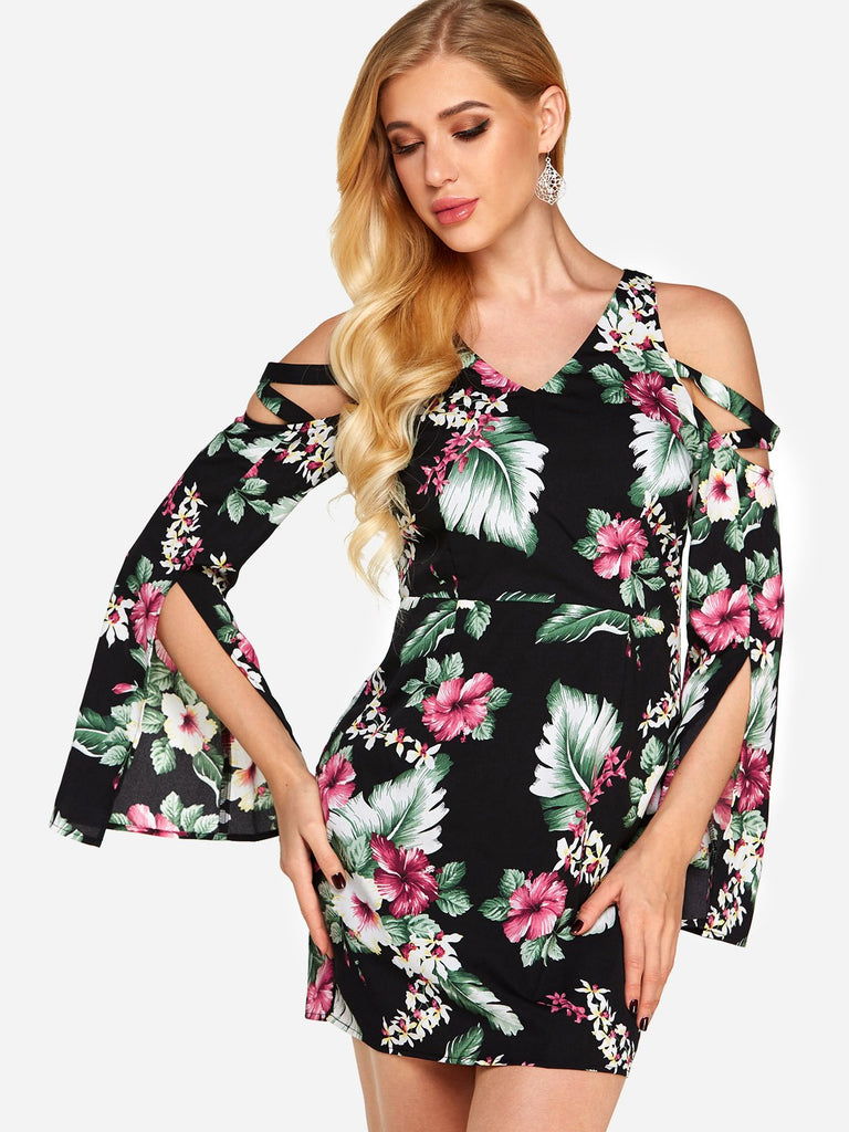 Black V-Neck Cold Shoulder Long Sleeve Floral Print Lace-Up Slit Dresses