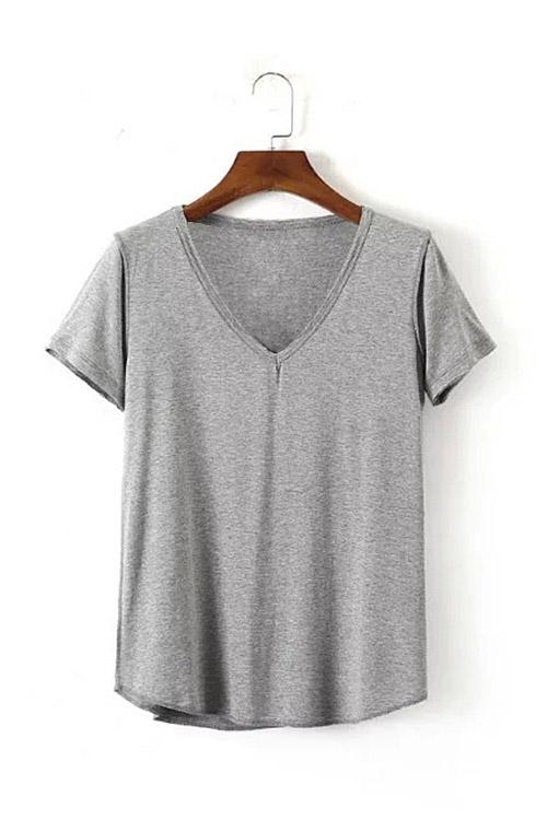 V-Neck Curved Hem Grey T-Shirts