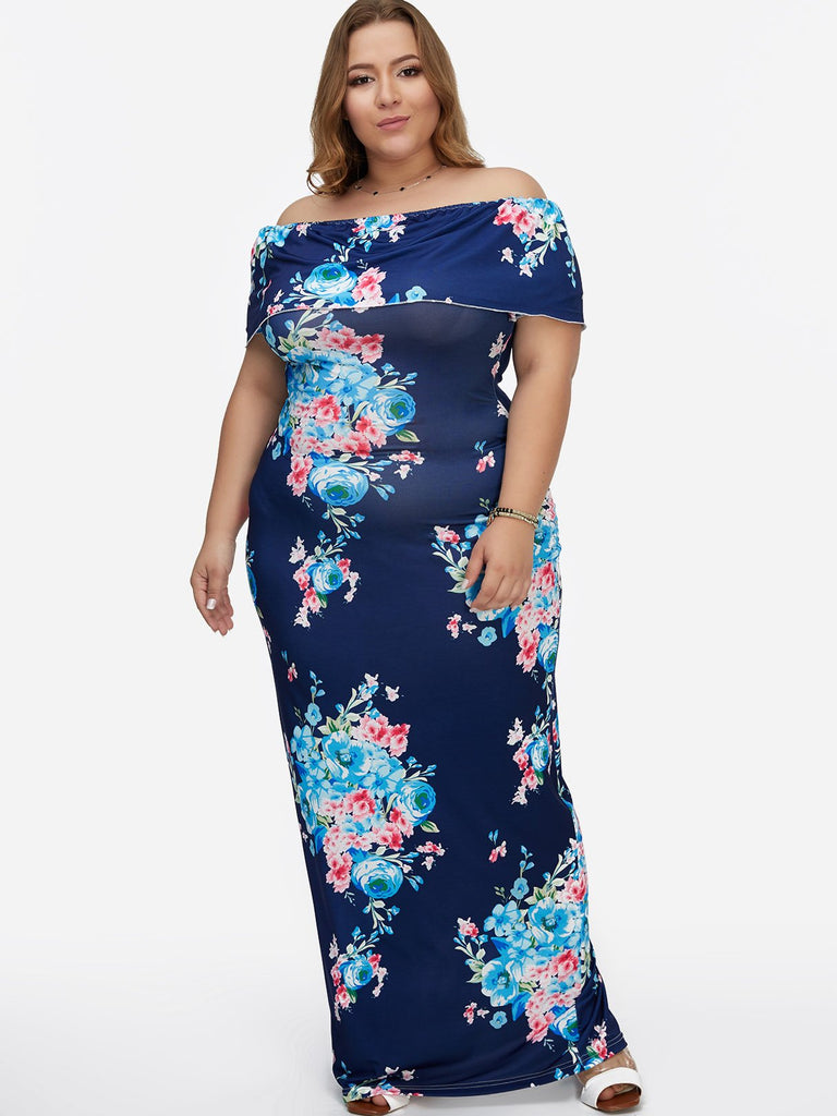 Off The Shoulder Floral Print Tiered Backless Short Sleeve Blue Plus Size Maxi Dress